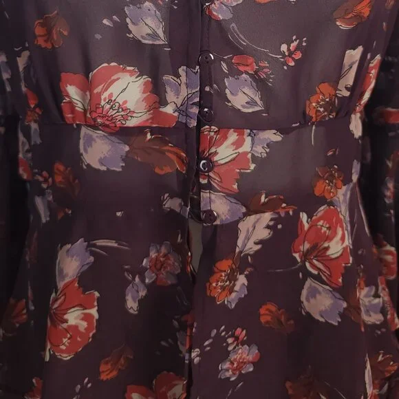 Forever 21 Floral Print Button Up Sheer Blouse Bell Sleeves SZ L - Picture 3 of 4